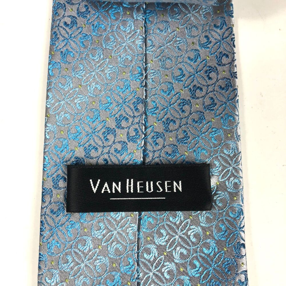 Van Heusen 100% Silk Men's Tie Gray Blue Geometric Medallion Designer Necktie - Picture 4 of 6